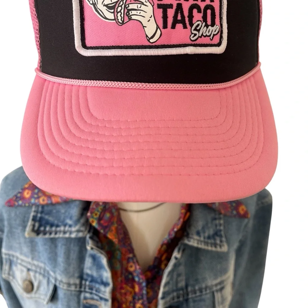 NWT pink taco shop foam mesh snap back trucker hat pink black - Picture 5 of 11